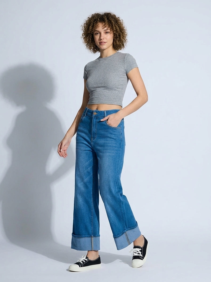 Flex-Cuff Wide Legs Denim in Medium Blue