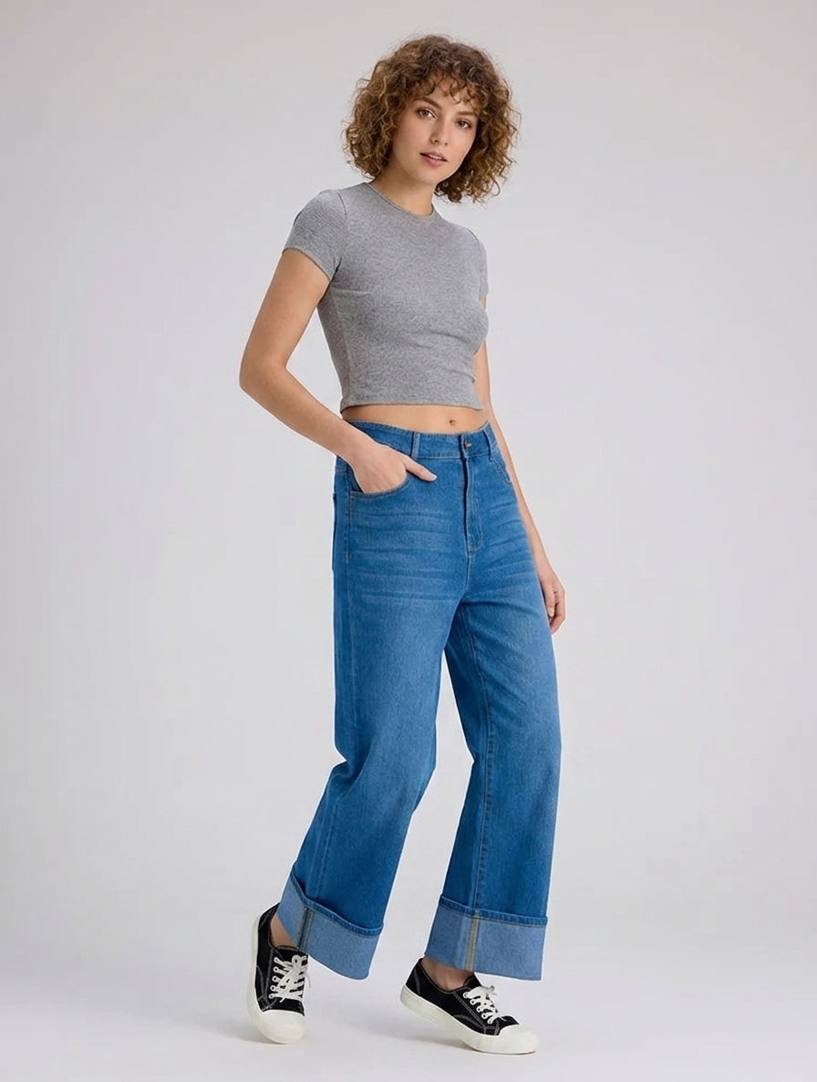 Flex-Cuff Wide Legs Denim in Medium Blue