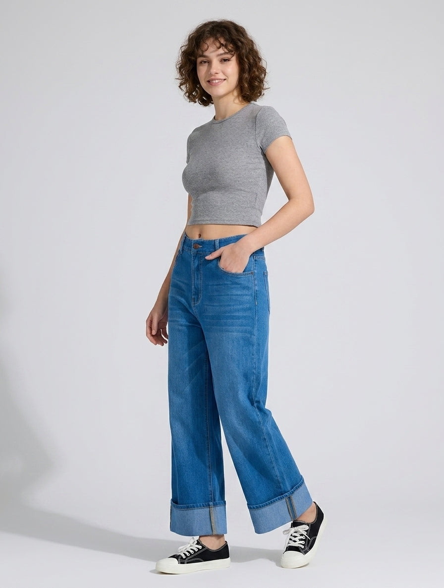 Flex-Cuff Wide Legs Denim in Medium Blue