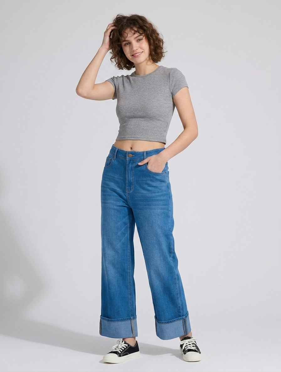 Flex-Cuff Wide Legs Denim in Medium Blue