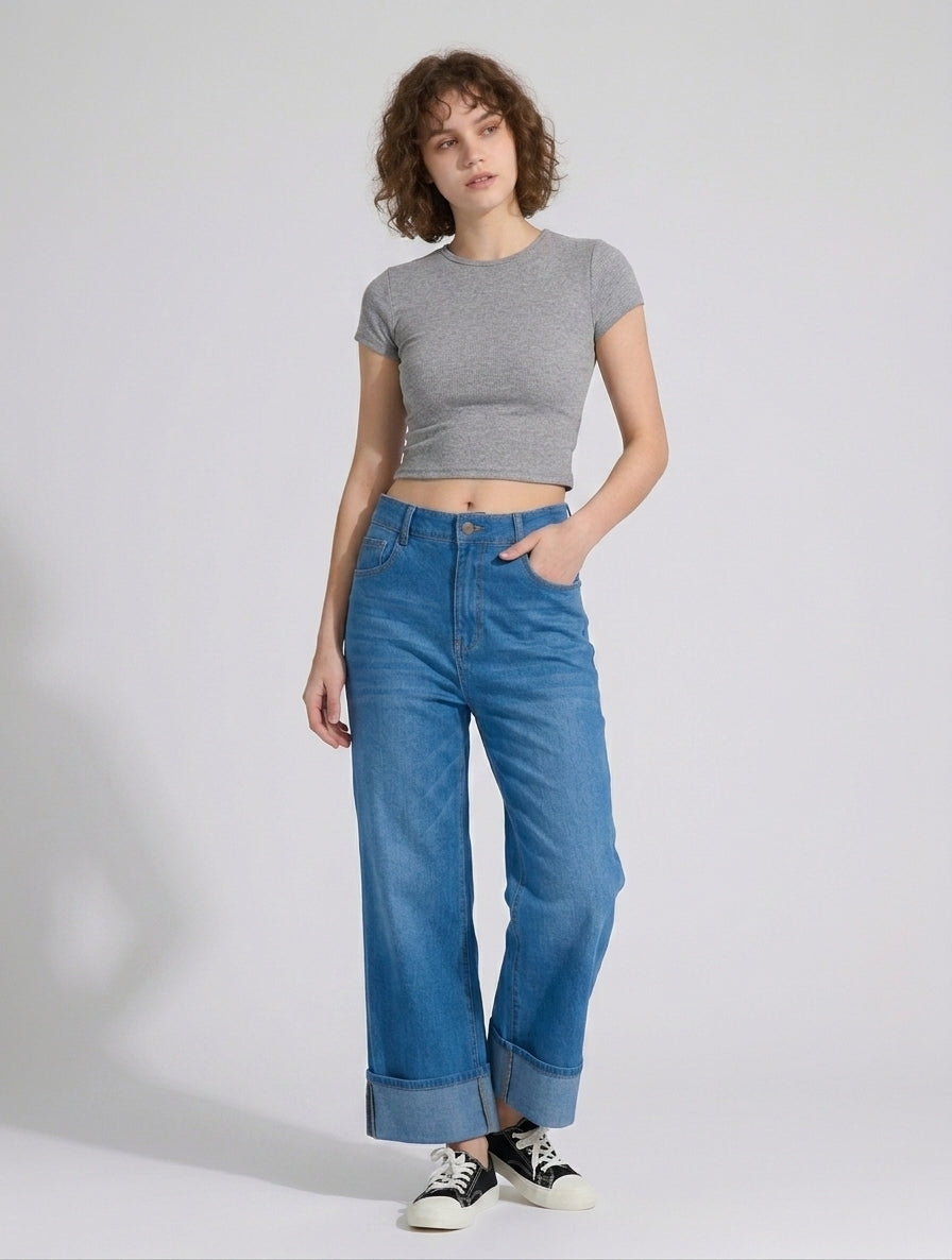 Flex-Cuff Wide Legs Denim in Medium Blue
