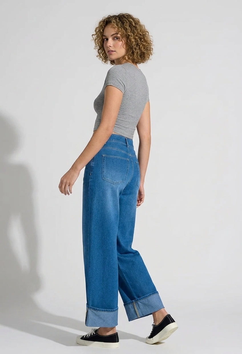 Flex-Cuff Wide Legs Denim in Medium Blue
