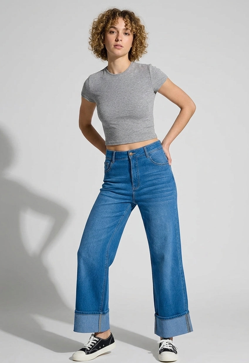 Flex-Cuff Wide Legs Denim in Medium Blue