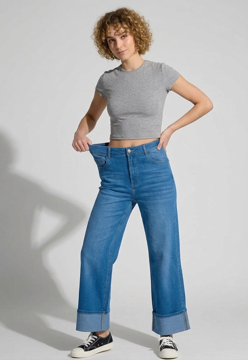 Flex-Cuff Wide Legs Denim in Medium Blue
