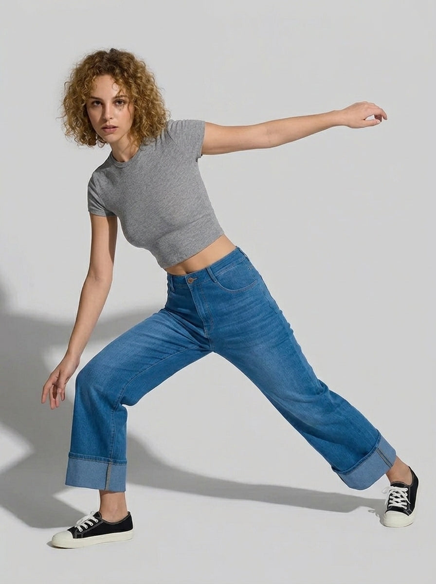 Flex-Cuff Wide Legs Denim in Medium Blue