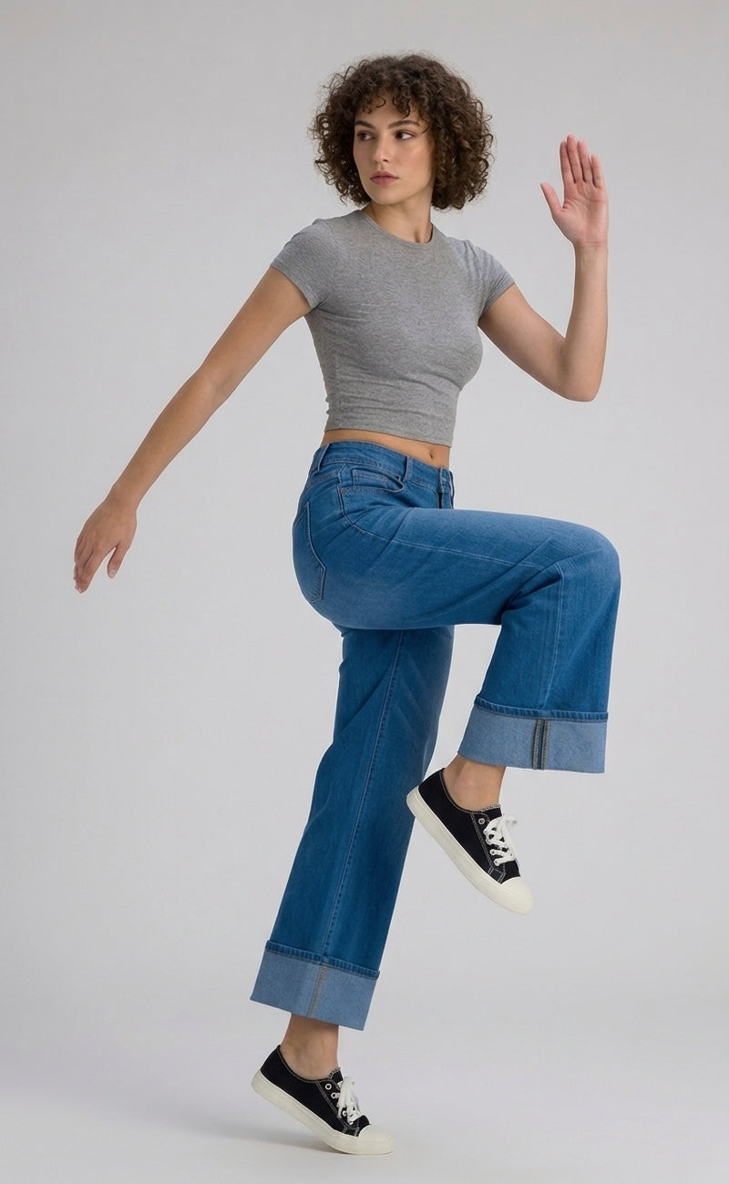 Flex-Cuff Wide Legs Denim in Medium Blue