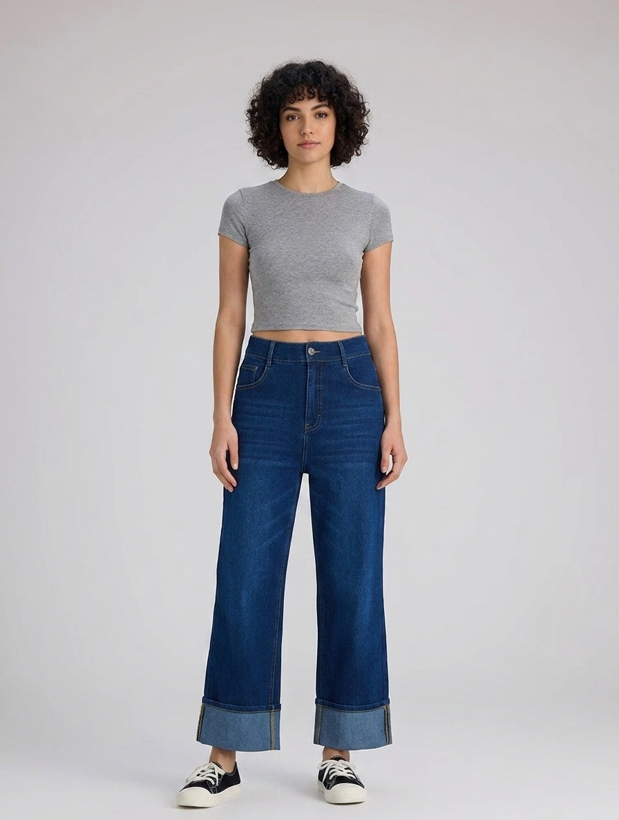 Flex-Cuff Wide Legs Denim in Dark Blue