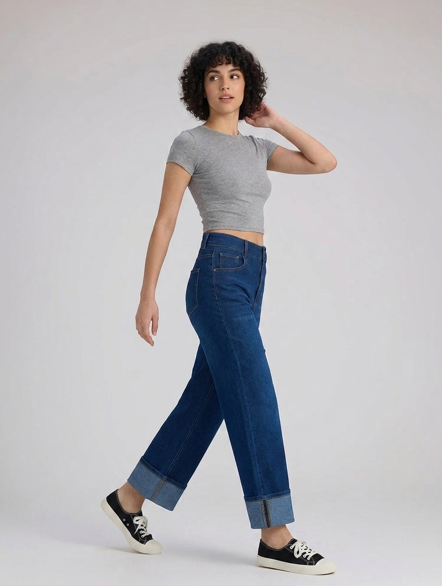 Flex-Cuff Wide Legs Denim in Dark Blue