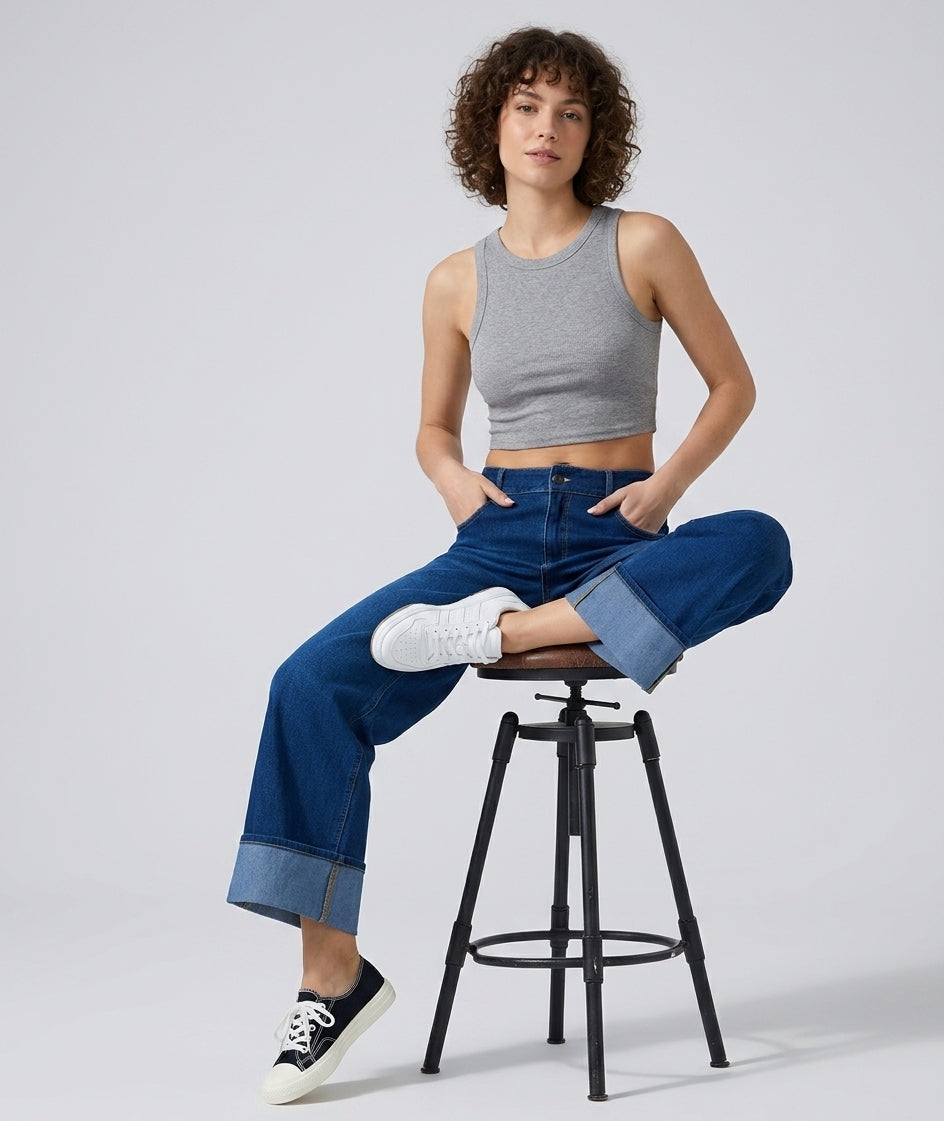 Flex-Cuff Wide Legs Denim in Dark Blue