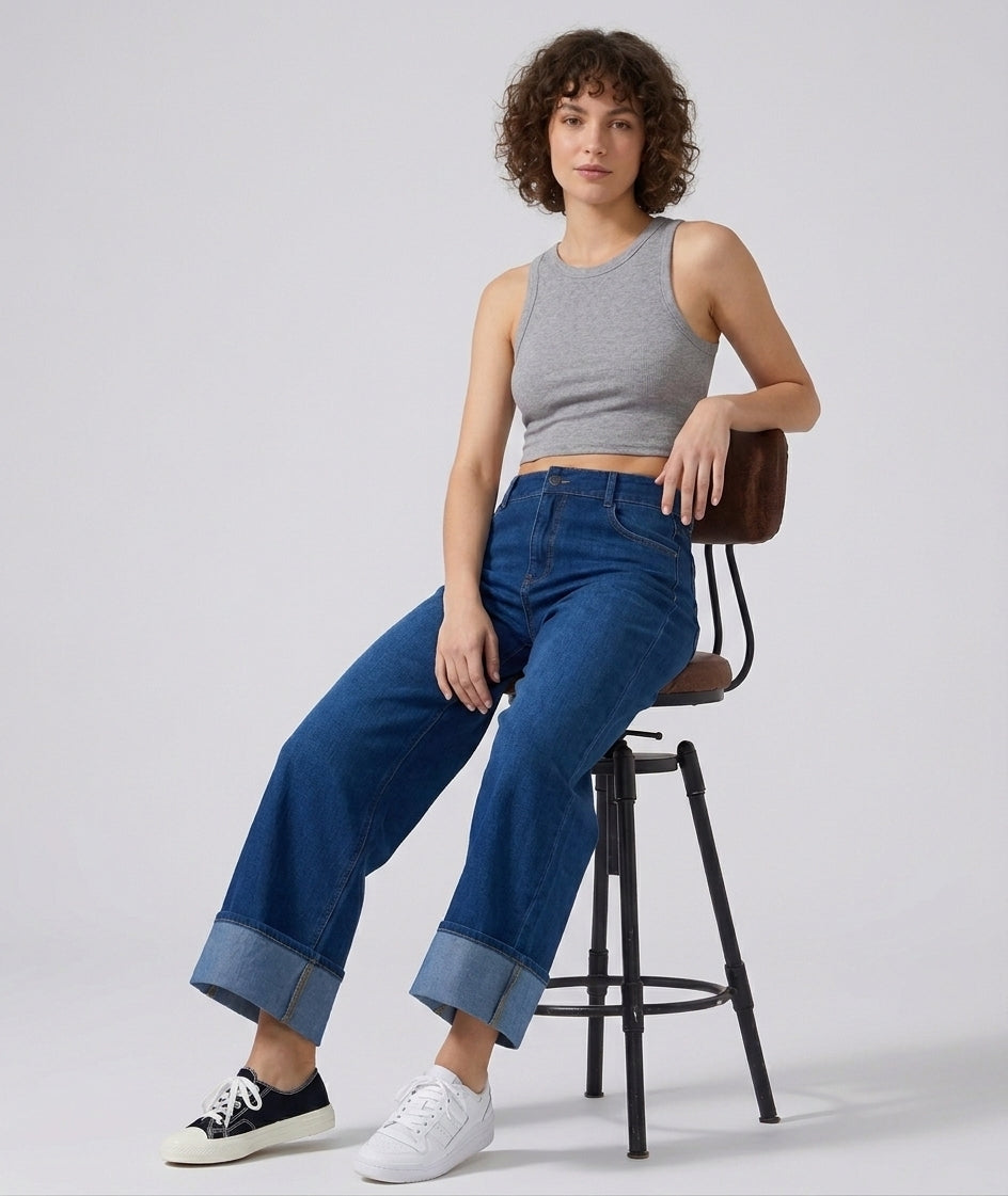 Flex-Cuff Wide Legs Denim in Dark Blue
