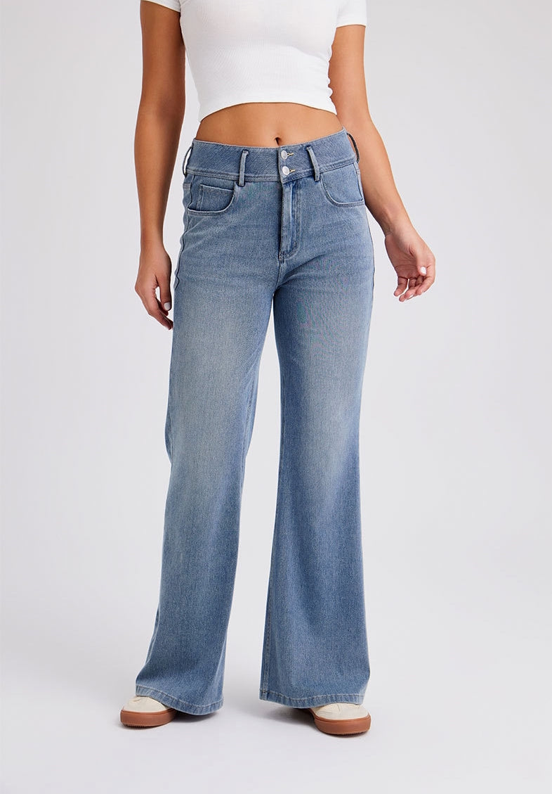 Free Flare Wide-Leg Dark Medium Blue Denim