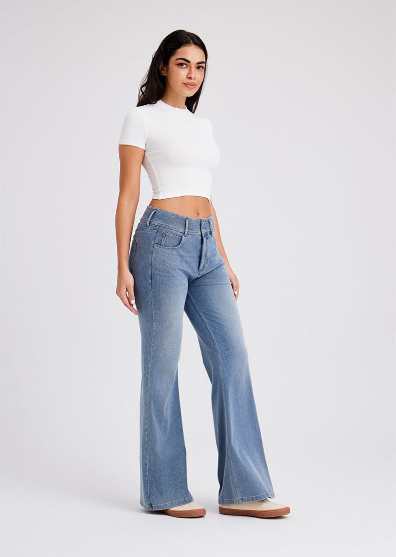 Free Flare Wide-Leg Dark Medium Blue Denim