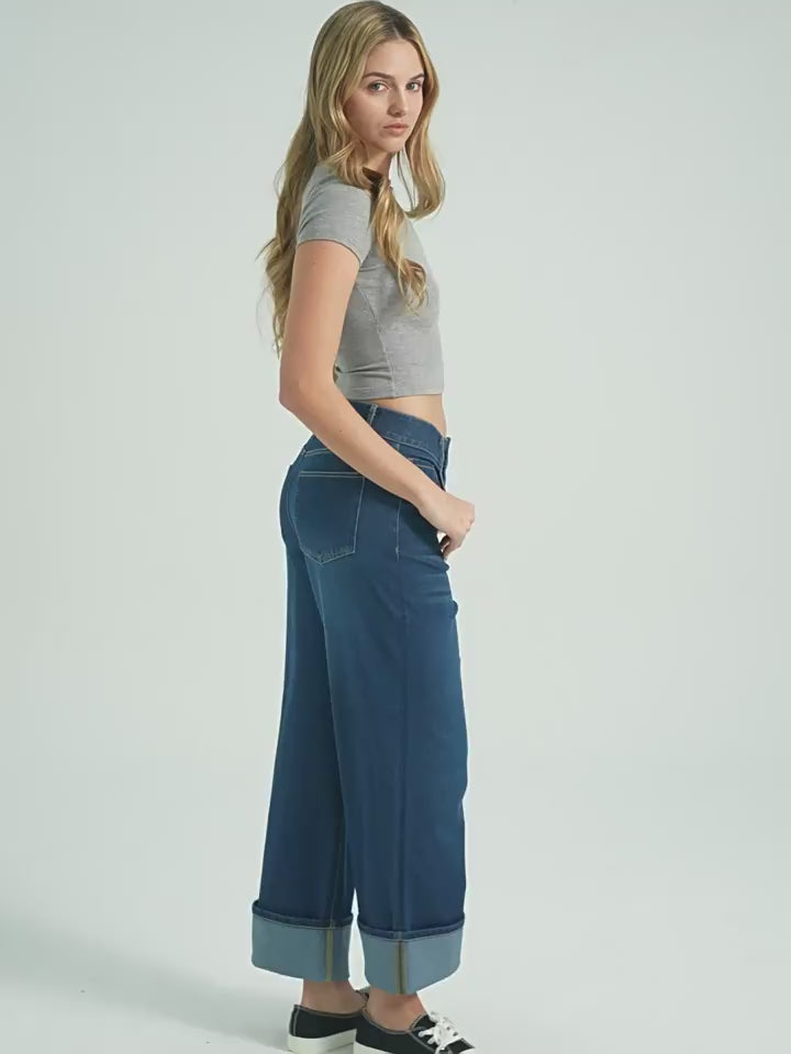Flex-Cuff Wide Legs Denim in Dark Blue