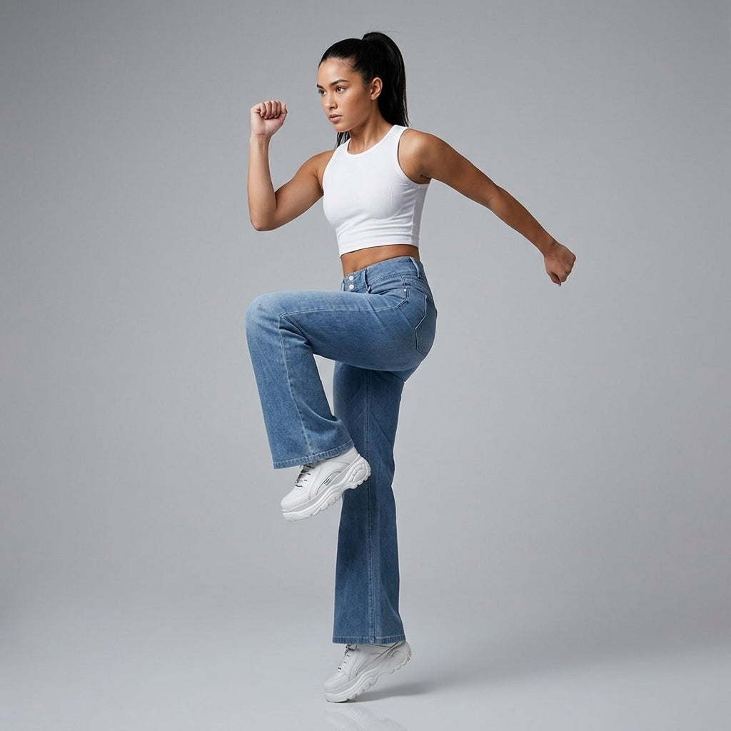 Free Flare Wide-Leg Dark Medium Blue Denim